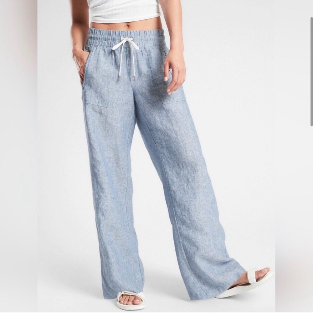 Light Blue Wide-Leg Drawstring Linen Pants